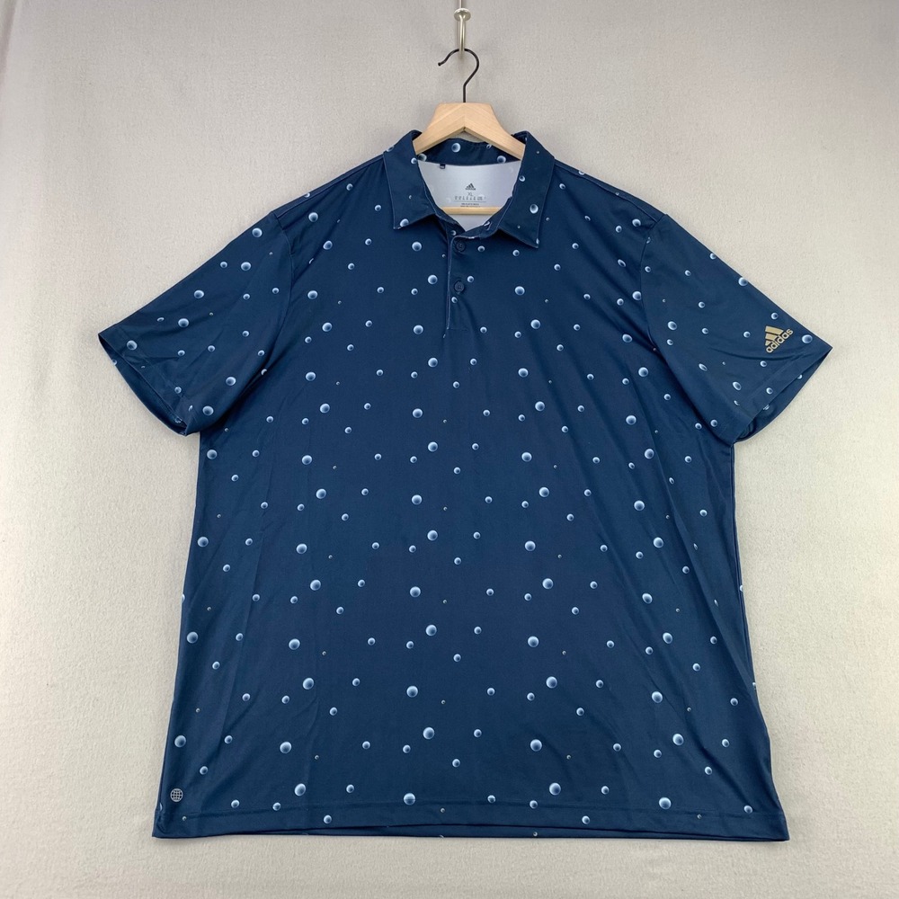 Adidas Golf Polo Shirt Mens XL Navy Blue Ball Print AOP Performance Tech‎ Preppy